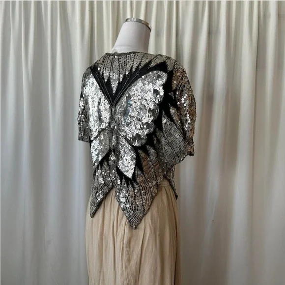 Vintage 1980's Silk Silver Sequins Butterfly Top. - Picture 5 of 8